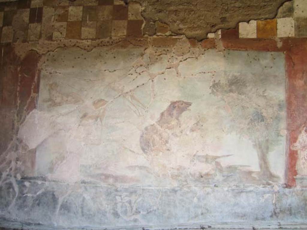 V.4.a Pompeii. March 2012. Hunting fresco with life-size animals on north wall of garden area. Photo courtesy of Marina Fuxa.
