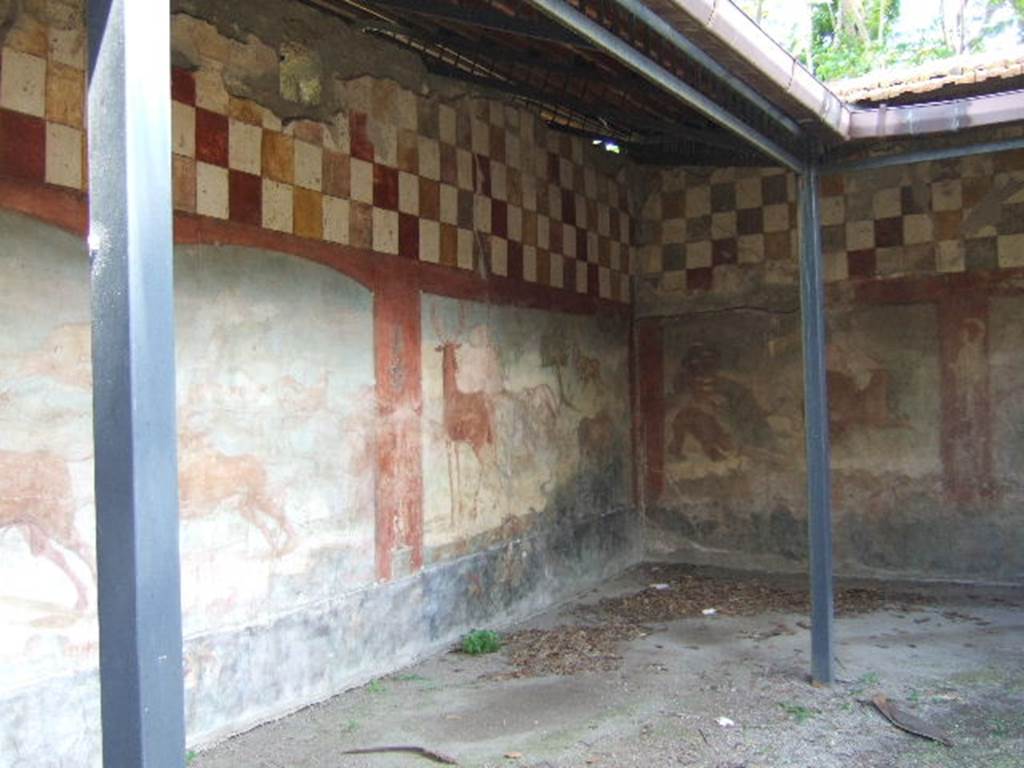 V.4.a Pompeii. May 2006.  Hunting fresco with life size animals in north-east corner wall of garden area.