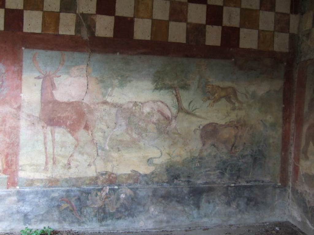 V.4.a Pompeii. May 2006. Hunting fresco with life size animals on north wall of garden area.