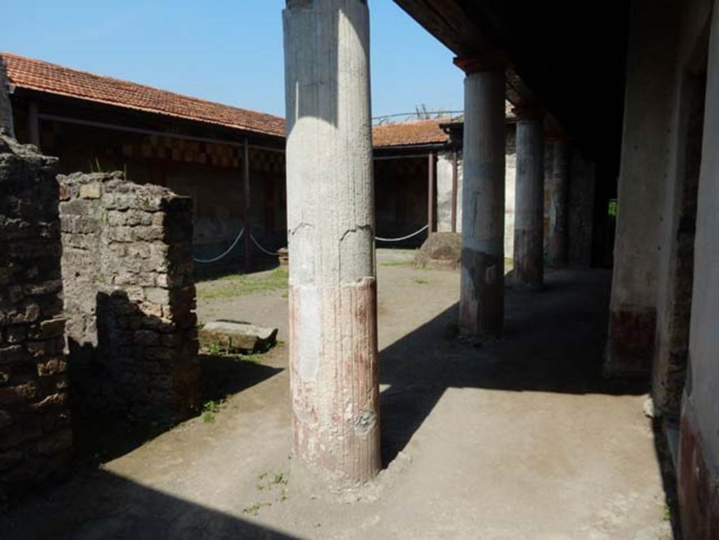 V.4.a Pompeii. May 2015. 
Looking east across peristyle garden ‘l’ (L), with south portico, on right. Photo courtesy of Buzz Ferebee.
