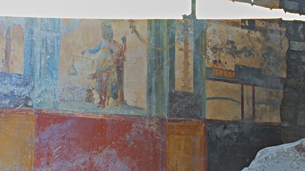 V.6.12 Pompeii. October 2020. Detail of painted animal in centre of panel on east side of red central panel on north wall. 
Photo courtesy of Klaus Heese.
