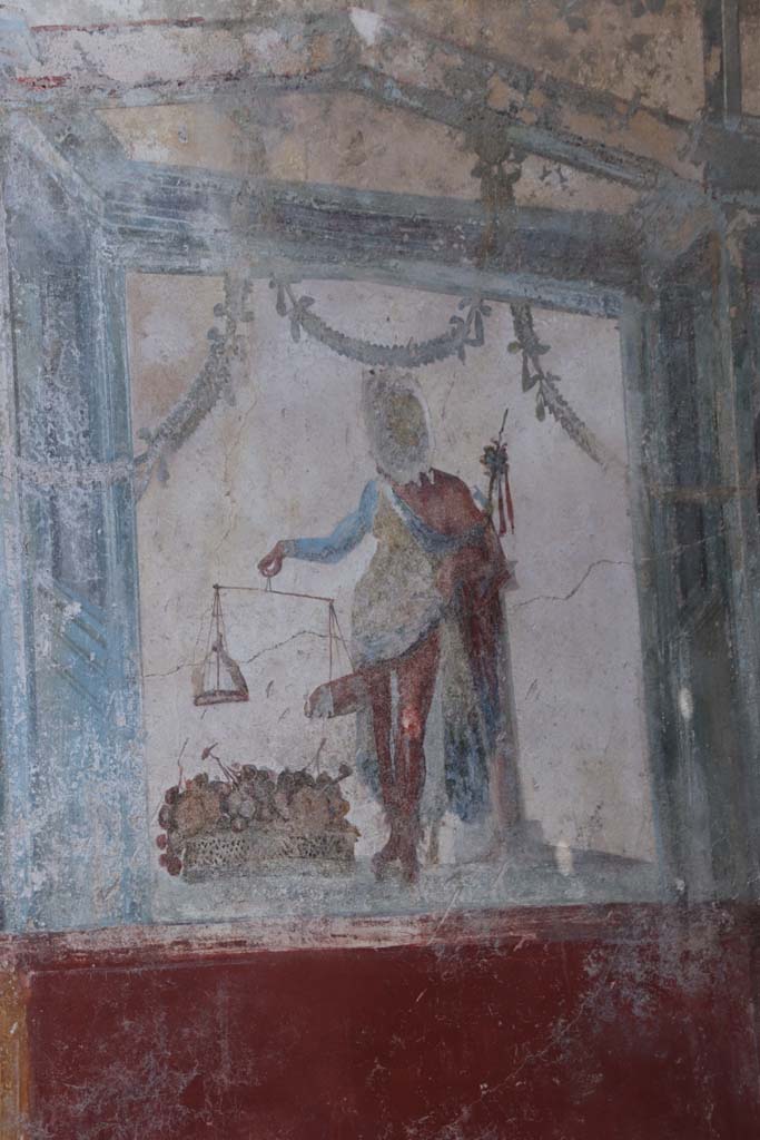 V.6.12 Pompeii. August 2018. Painting of Priapus weighing his member, found in fauces.

Dipinto di Priapo che pesa il suo membro, trovato in fauces.

Photograph © Parco Archeologico di Pompei.
