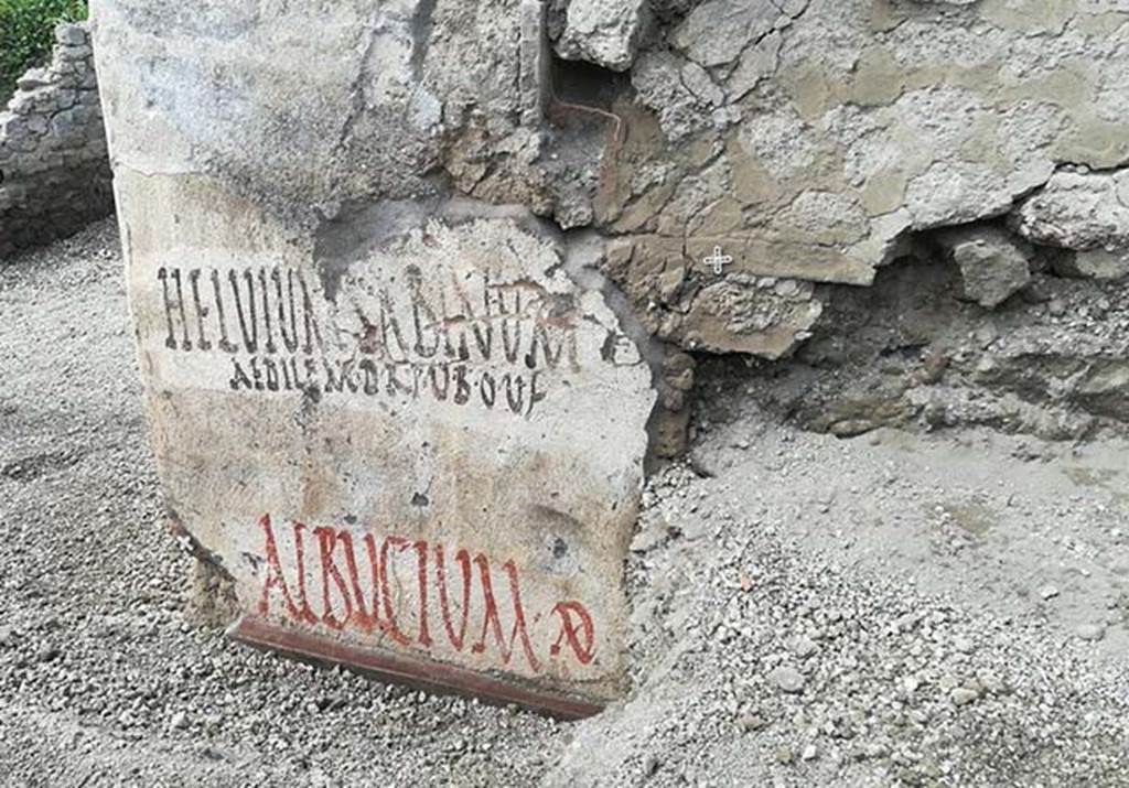V.7.8 Pompeii. June 2018. Electoral inscriptions on outside wall of house. Vicolo delle Nozze d’Argento at north-west corner of junction with Vicolo c.d. dei Balconi.
These electoral inscriptions were HELVIVM SABINVM AEDILEM D R P U B O V F and ALBVCIVM AED. 

The upper inscription reads 
Helvium Sabinum
aedilem d{ignum) r{ei) p{ublicae) v{irum) b{onum) o{ro) v{os) f(aciatis)

Please elect Helvius Sabinus aedile, worthy of office and a good man.

Photograph © Parco Archeologico di Pompei.
