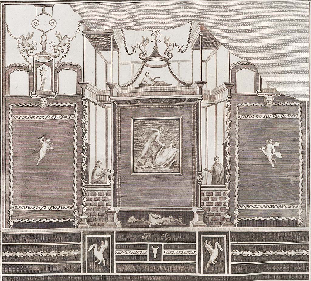 VI.1.6 Pompeii. 1779. Drawing of painted decoration on south wall.
See Antichità di Ercolano: Tomo Setto: Le Pitture 5, 1779, Tav LXXX.
See Carratelli, G. P., 1990-2003. Pompei: Pitture e Mosaici: Vol. IV.  Roma: Istituto della enciclopedia italiana, p. 10.
