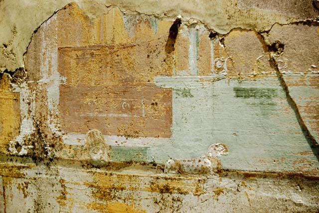 VI.1.10 Pompeii. 1957. Detail of painted plaster from north end of east wall. The tragic mask and a panther crouching to the right were to be seen on the top of the zoccolo. Photo by Stanley A. Jashemski.
Source: The Wilhelmina and Stanley A. Jashemski archive in the University of Maryland Library, Special Collections (See collection page) and made available under the Creative Commons Attribution-Non Commercial License v.4. See Licence and use details.
J57f0166 
