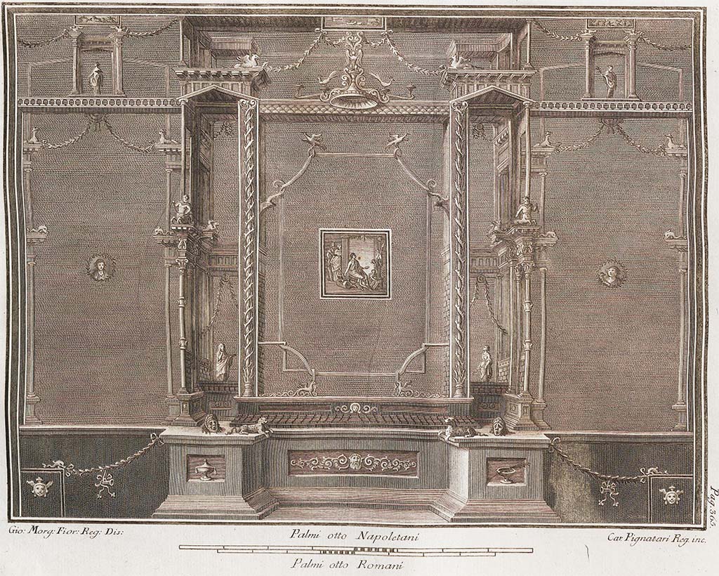 VI.1.10 Pompeii. East wall of room 9. Engraving by Carlo Cataneo published in 1838.
It was described as “Architectural decoration of the long side of a room in a Pompeian house s small distance from the Gate.
It was divided into three panels, and a beautiful painting was painted in the middle panel”.
See Gli ornati delle pareti ed i pavimenti delle stanze dell'antica Pompei incisi in rame: 1838, pl. 71.
