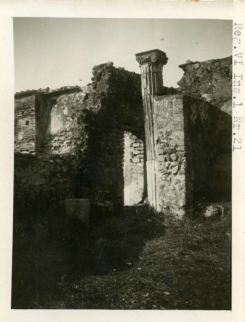 VI.1.22 Pompeii but shown on photo as VI.1.21. Pre-1937-39. 
Looking towards north-west corner, on east side of doorway through to VI.1.13.
Photo courtesy of American Academy in Rome, Photographic Archive. Warsher collection no. 1199.
