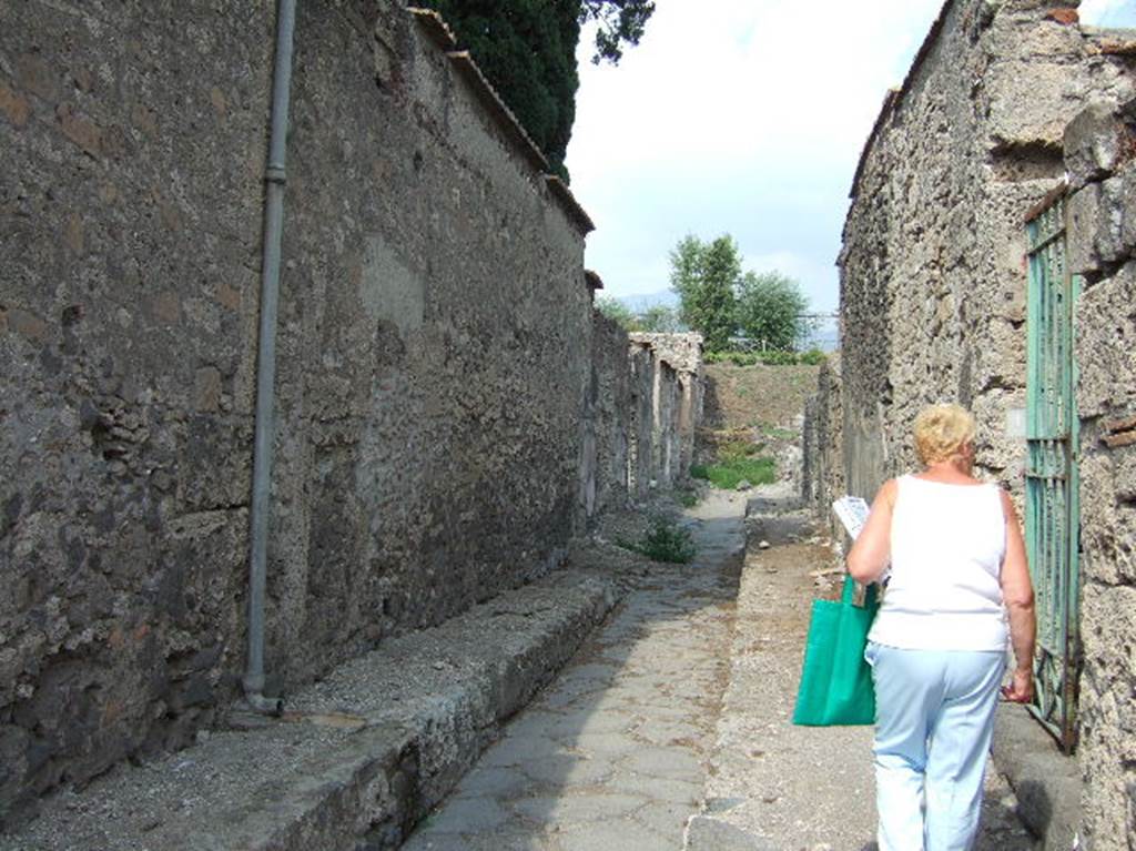 VI.1.23 Pompeii. September 2005. Vicolo di Narciso looking north to walls.                     