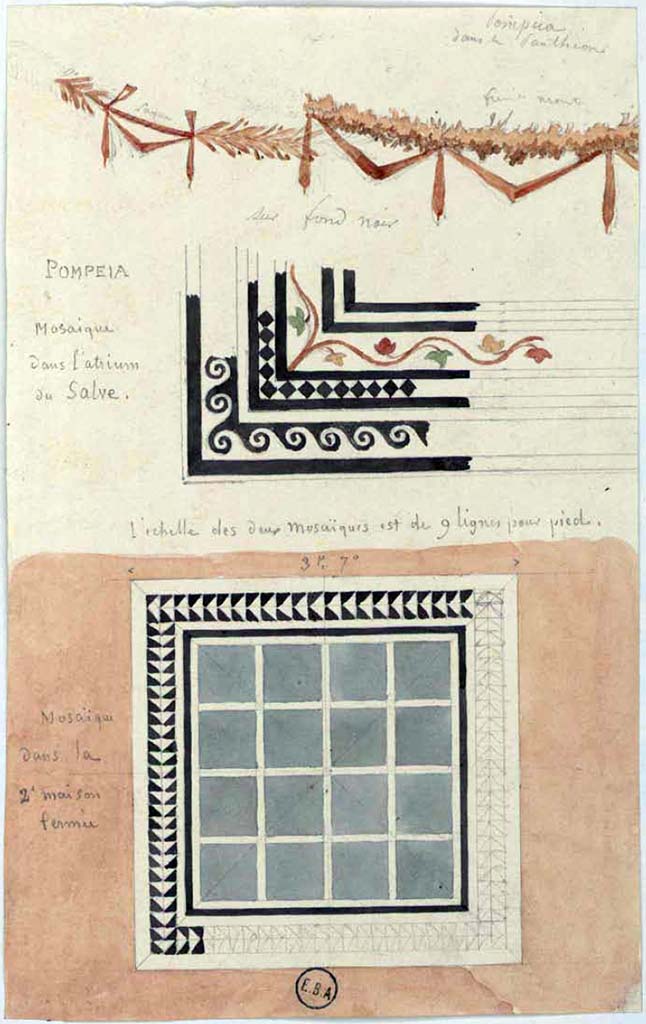 VI.1.25 Pompeii. The central sketch is a watercolour drawing of a part of a mosaic in the atrium of the House of Salve.
The upper sketch appears to be a garland from the Pantheon (VII.9.7) which it said had a black background. 
The lower sketch says it is a mosaic in the 2nd house Pompei, which is from VI.2.22, either the tablinum or a triclinium. 
See Lesueur, Jean-Baptiste Ciceron. Voyage en Italie de Jean-Baptiste Ciceron Lesueur (1794-1883), pl. 46.
See Book on INHA reference INHA NUM PC 15469 (04)  « Licence Ouverte / Open Licence » Etalab

