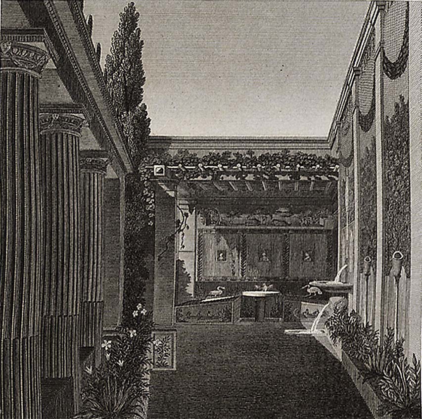 VI.2.4 Pompeii. c.1824. Triclinium, Excavated in the House of Actaeon, Pompeii painting by Charles Frédéric Chassériau (1802–1896). 
Now in the Metropolitan Museum, New York. Bequest of Harry G. Sperling, 1971. Accession Number: 1975.131.95.
