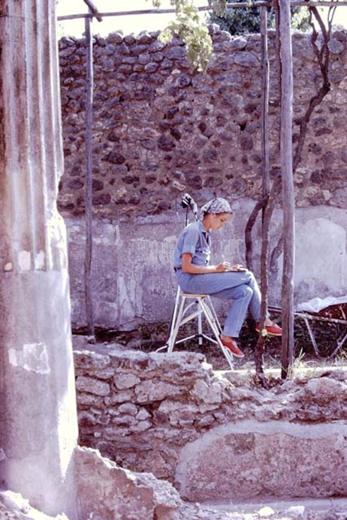 VI.2.4 Pompeii. July 2010. Cubiculum in the south-west corner of small garden. 
Inlaid marble floor with the new owner of the House of Sallust passing by. Photo courtesy of Rick Bauer.
According to Laidlaw –
“This room (Diaeta 34) was badly damaged by the bomb; when the debris was cleared at the end of the war, the left (East) and entrance (North) walls were partly rebuilt and the room reroofed. The pavement in opus sectile, which the blast had shattered, was restored approximately in the pattern of the original, with the missing parts filled in with cement or stray pieces found in the debris.”
See Laidlaw, A., and Stella M. S., 2014. The House of Sallust in Pompeii (VI.2.4): JRA 98. Portsmouth Rhode Island. (p.111). 
See Carratelli, G. P., 1990-2003. Pompei: Pitture e Mosaici. IV. Roma: Istituto della enciclopedia italiana, (p. 136-7, figs 84a, and 84b.)

