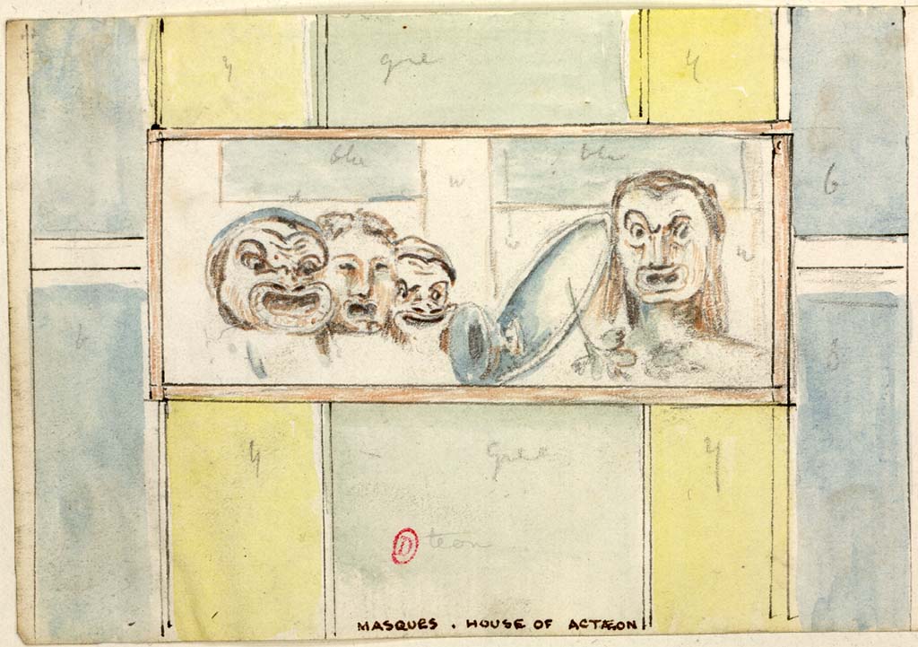VI.2.4 Pompeii. c.1819 preliminary sketch by W. Gell of painting of masks from the south-west corner of room on north side of tablinum.
See Gell W & Gandy, J.P: Pompeii published 1819 [Dessins publiés dans l'ouvrage de Sir William Gell et John P. Gandy, Pompeiana: the topography, edifices and ornaments of Pompei, 1817-1819], pl. 50.
See book in Bibliothèque de l'Institut National d'Histoire de l'Art [France], collections Jacques Doucet Gell Dessins 1817-1819
Use Etalab Open Licence ou Etalab Licence Ouverte

