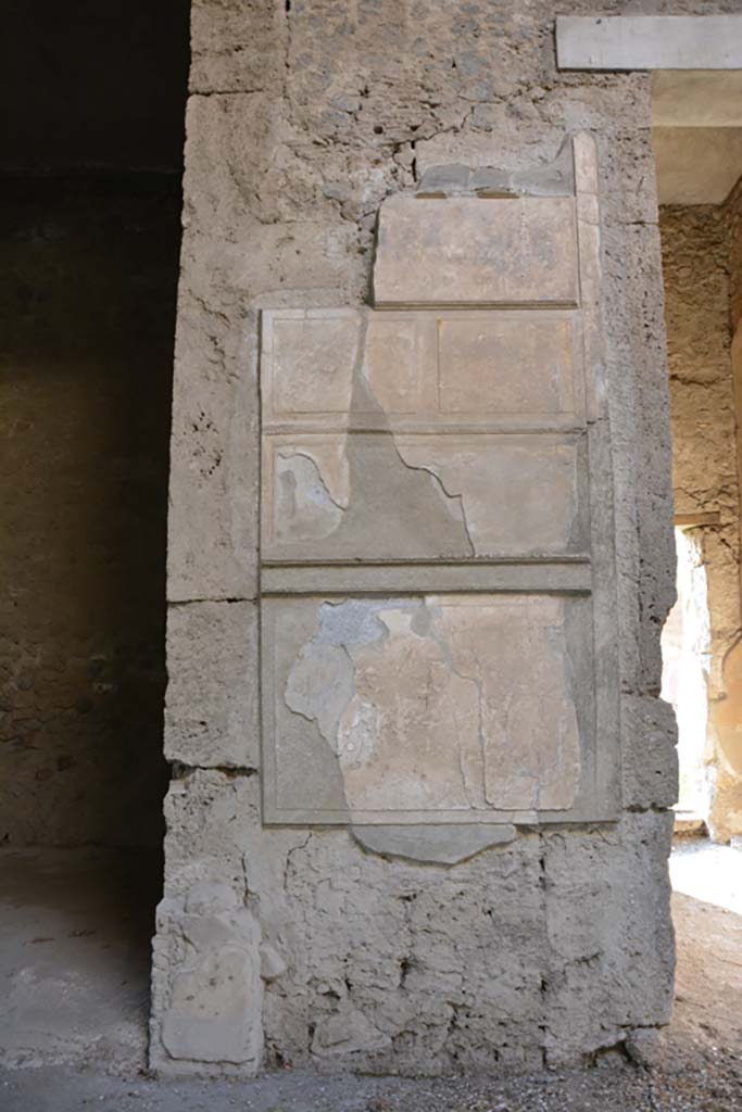 VI.2.4 Pompeii. March 2019.
Detail of painted wall decoration on pilaster between doorways to the south ala and room leading to garden apartments. 
Foto Annette Haug, ERC Grant 681269 DÉCOR.
