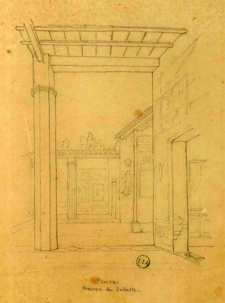 VI.2.4 Pompeii. Sketch by Jean-Baptiste Ciceron Lesueur.
Looking east from portico outside of cubiculum in south-west corner of garden area, towards doorway of room in south-east corner.
See Lesueur, Jean-Baptiste Ciceron. Voyage en Italie de Jean-Baptiste Ciceron Lesueur (1794-1883), pl. 17.
See Book on INHA reference INHA NUM PC 15469 (04)  « Licence Ouverte / Open Licence » Etalab
