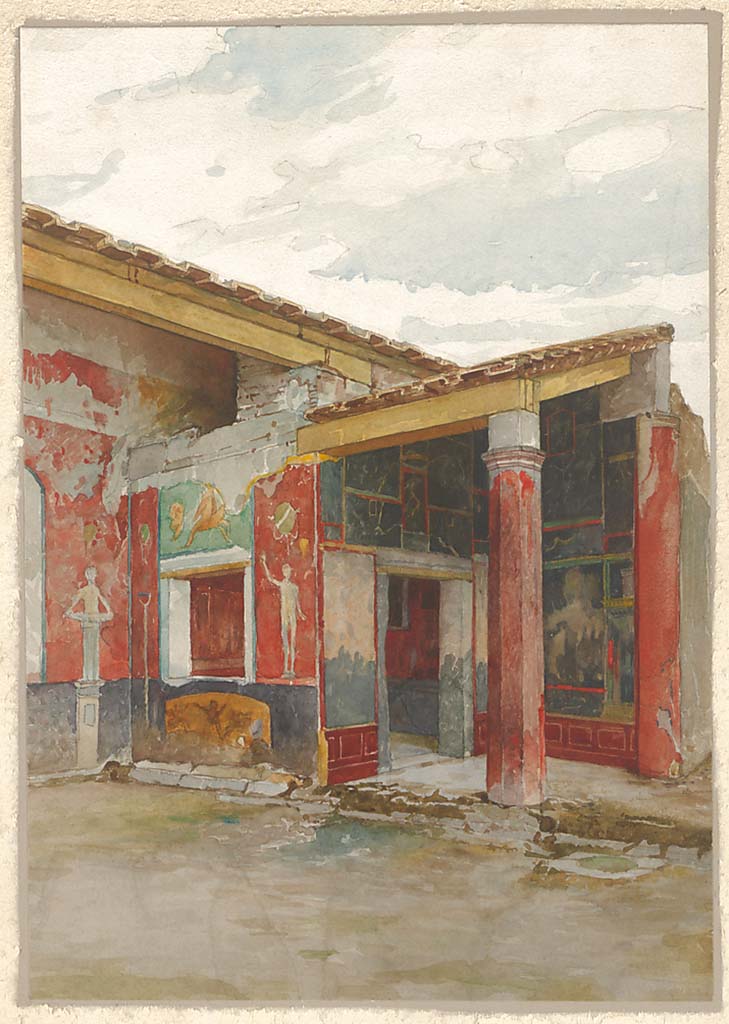 VI.2.4 Pompeii. 1909-1911. 
Painting by Gregor Rosenbauer, looking south-west across garden apartment towards cubiculum. 
Photo courtesy Foto Marburg © Architekturmuseum der TU München, Inventar-Nr. rosen-30-19, 1149367. CC-BY-NC-ND.

