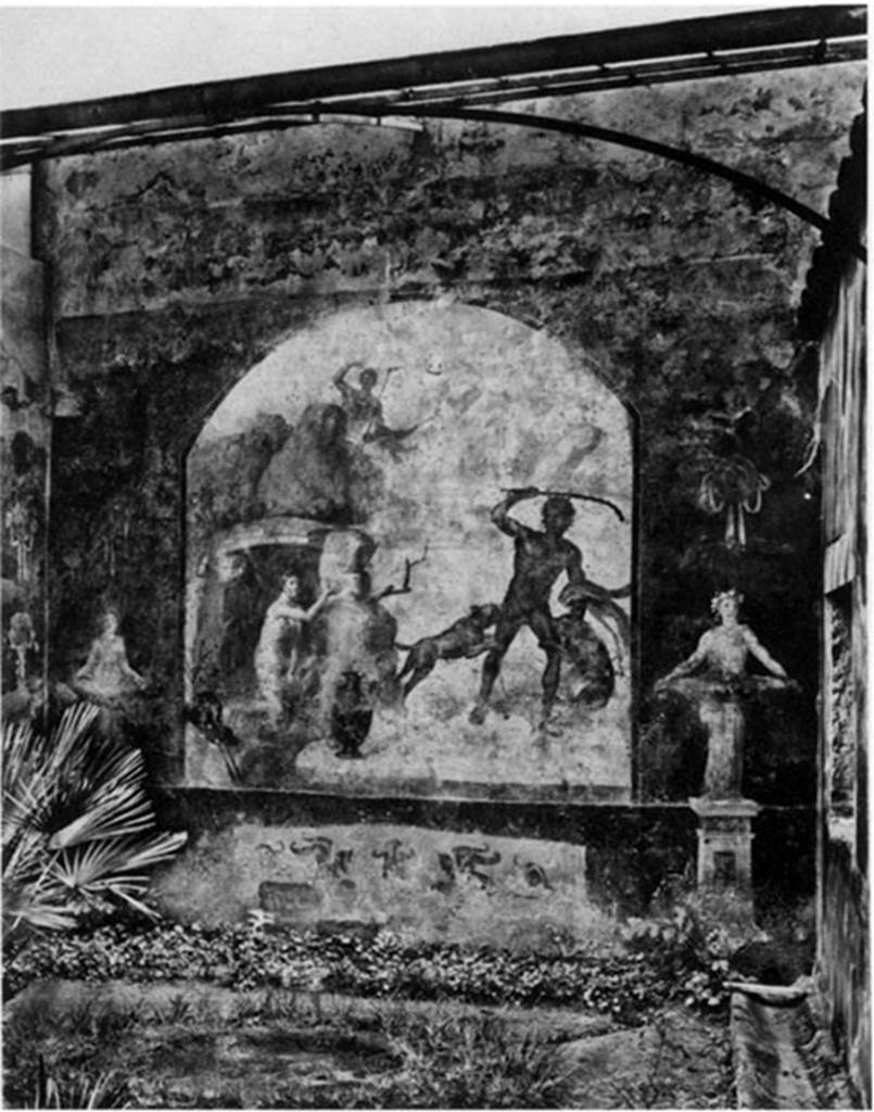 VI.2.4 Pompeii. South wall of garden. Old photo of painting of Acteon and Diana.