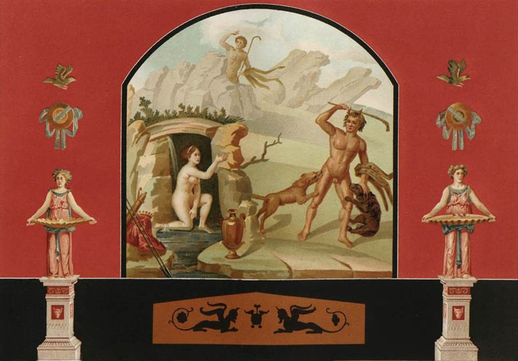 VI.2.4 Pompeii. 1830s. Old watercolour of the painting of Diana and Acteon. See Niccolini F, 1890. Le case ed i monumenti di Pompei: Volume Terzo. Napoli. (Casa detta di Sallustio, Tav III).