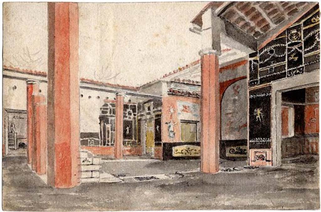 VI.2.4 Pompeii. 1824. Drawing of garden, peristyle, two diaeta rooms and area with painting of Diana and Acteon.
Now in the British Museum. Inventory number 2011,5012.9.
