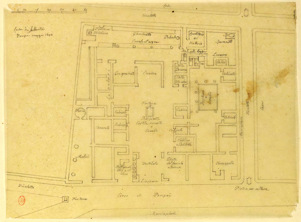 VI.2.4 Pompeii. May 1823. Drawing of plan of house by Chenavard.
See Chenavard, Antoine-Marie (1787-1883) et al. Voyage d'Italie, croquis Tome 3, pl. 142.
INHA Identifiant numérique : NUM MS 703 (3). See Book on INHA 
Document placé sous « Licence Ouverte / Open Licence » Etalab   
According to Anne Laidlaw (2021) –
“It is interesting that he puts the back exit in place of the latrine just beyond the south wall of the back garden. That’s where the exit was restored after the bombing in 1943, after I had excavated the latrine in front of the new exit. And he also shows a stair at the south end of the back portico, which we could never find any evidence for, and which my architect said couldn’t have reached the 2nd storey – not enough space for the space to go that high. But I suppose it might have started as steps and then shifted to a ladder. Chenavard drew this plan 12 years after the Bourbons completed emptying the whole house, and the 1840’s model is pretty complete, so some sort of stair may well have been there (but not shown in the model of 1840).”

