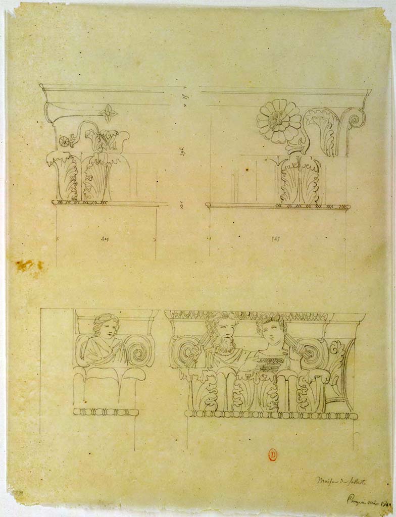 VI.2.4 Pompeii. May 1823. Sketches of capitals, at the top, they are from the atrium near the entrance to the north ala.
The lower sketches show details of the capital on the south side of the entrance doorway.
See Chenavard, Antoine-Marie (1787-1883) et al. Voyage d'Italie, croquis Tome 3, pl. 143.
INHA Identifiant numérique : NUM MS 703 (3). See Book on INHA 
Document placé sous « Licence Ouverte / Open Licence » Etalab   

According to Laidlaw et al –
“The sculptured capital to the right of this entrance must have been discovered during this time (c.1776) and will have become a standard reference point for the excavators; the report for 18th May 1780 mentions the location of a group of finds “near the pier that corresponds to the one where the capital remains” when they were cleaning the street in front of it. From this report it is obvious that at the time of the Bourbon excavation the sculptured capital to the left of the main doorway at VI.2.4 no longer existed, although we know from other preserved examples that entrances of houses with tufa facades decorated with sculptured capitals were done in pairs, often with a Bacchic theme.” 
See Laidlaw, A., and Stella M. S., 2014. The House of Sallust in Pompeii (VI.2.4): JRA 98. Portsmouth Rhode Island. (p.23).
