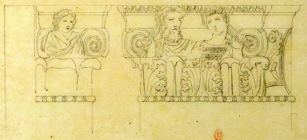 VI.2.4 Pompeii. c.1817. Enlargement of sketch by Chenavard of capital from south side of entrance doorway.
See Chenavard, Antoine-Marie (1787-1883) et al. Voyage d'Italie, croquis Tome 3, pl. 143 (detail).
INHA Identifiant numérique : NUM MS 703 (3). See Book on INHA 
Document placé sous « Licence Ouverte / Open Licence » Etalab   
