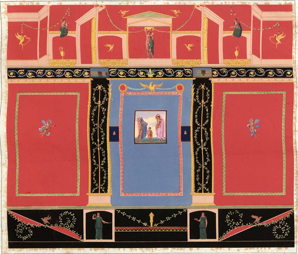 VI.2.14 Pompeii. Pre-1828. Painting by Zahn, described as a “Wall of the Casa della Danzatrice in Pompeji”.
See Zahn, W., 1828. Die schönsten Ornamente und merkwürdigsten Gemälde aus Pompeji, Herkulanum und Stabiae: I. Berlin: Reimer. No.69.
According to Schefold, this was from the east wall of the triclinium in VI.2.14. 
See Schefold, K., 1957. Die Wände Pompejis. Berlin: De Gruyter, p. 94. 
According to Kuivalainen – 
in the upper centre of this painting with the red background, is “an almost naked young Bacchus with a thyrsus”.
"A youth standing with his weight on his right foot, on a red background, head slightly turned to the left. 
His right arm is raised to the top of his head, and in his raised left arm he holds a thyrsus with a bunch of leaves upwards. 
A large green cloak covers his left shoulder and reaches to his calves".
See Kuivalainen, I., 2021. The Portrayal of Pompeian Bacchus. Commentationes Humanarum Litterarum 140. Helsinki: Finnish Society of Sciences and Letters, (p.99, B9).

