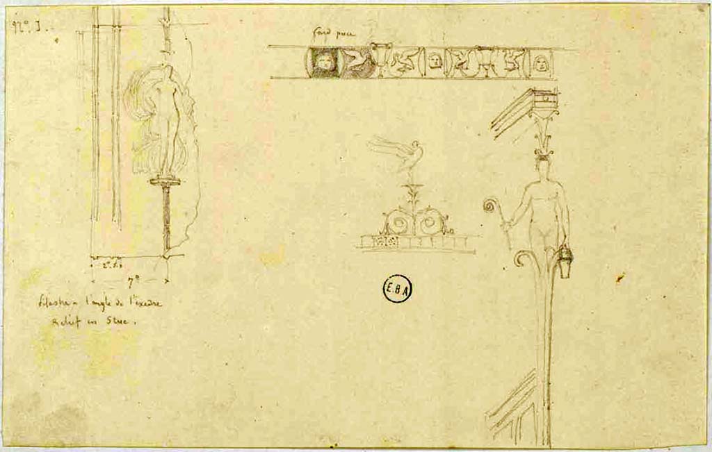 VI.2.16 and 22, Pompeii. 
The frieze drawn on the upper right would appear to be the one drawn/painted in the above paintings of the north wall of the tablinum in VI.2.16.
The drawing by Mazois would appear to be closest to this drawing - that is showing a face, a bird, a cup, a bird, a face, repeated, etc.
On the painting above, by Vilhelm Dahlerup, the part in question would appear to be shown above the second candelabra, on the left.
Perhaps, but not proved, both candelabra came from the tablinum/atrium of this house.
We have not yet seen a possible location for the two figures, the one on the left states “Pilaster in corner of exedra, Relief in stucco.”  
Undated drawings by Lesueur, the Ibis, in the middle of the page, would appear to be from the west wall of the triclinium of VI.2.22. 
See Lesueur, Jean-Baptiste Ciceron. Voyage en Italie de Jean-Baptiste Ciceron Lesueur (1794-1883), pl. 83.
See Book on INHA reference INHA NUM PC 15469 (04)  « Licence Ouverte / Open Licence » Etalab



