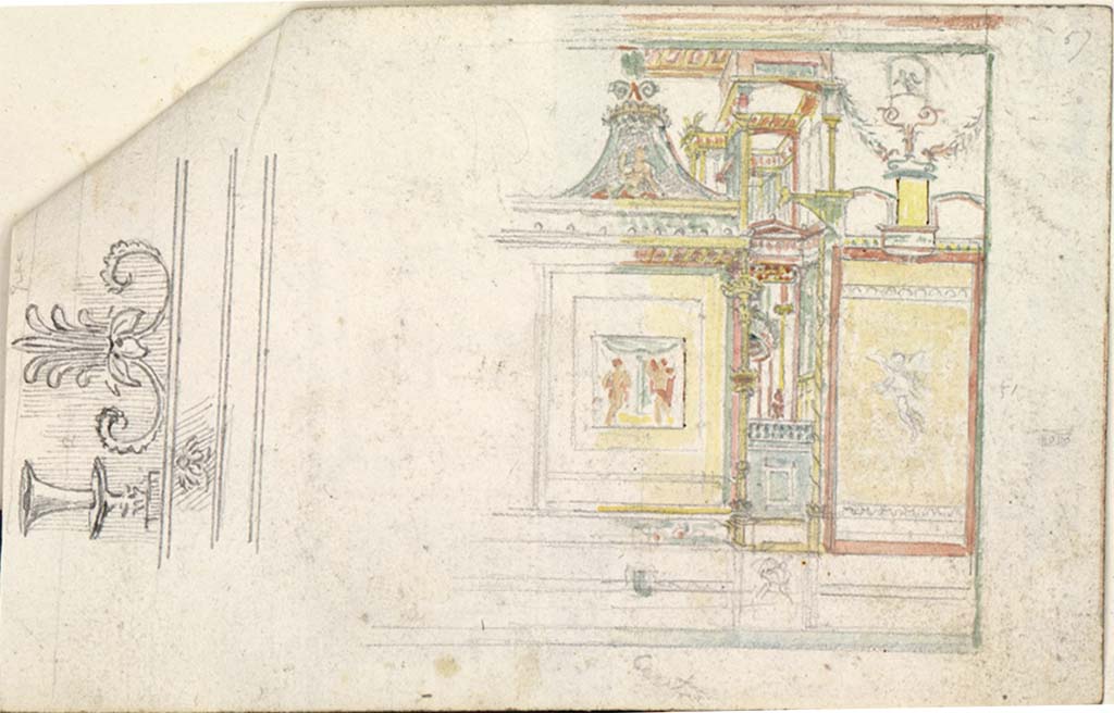 VI.2.16 Pompeii. pre-1819. 
Sketch by Gell, described by him as “Side of a room”, and may be the north wall of the exedra/oecus on north side of peristyle. 
See Gell W & Gandy, J.P: Pompeii published 1819 [Dessins publiés dans l'ouvrage de Sir William Gell et John P. Gandy, Pompeiana: the topography, edifices and ornaments of Pompei, 1817-1819], pl. 53 verso.
See book in Bibliothèque de l'Institut National d'Histoire de l'Art [France], collections Jacques Doucet Gell Dessins 1817-1819
Use Etalab Open Licence ou Etalab Licence Ouverte

