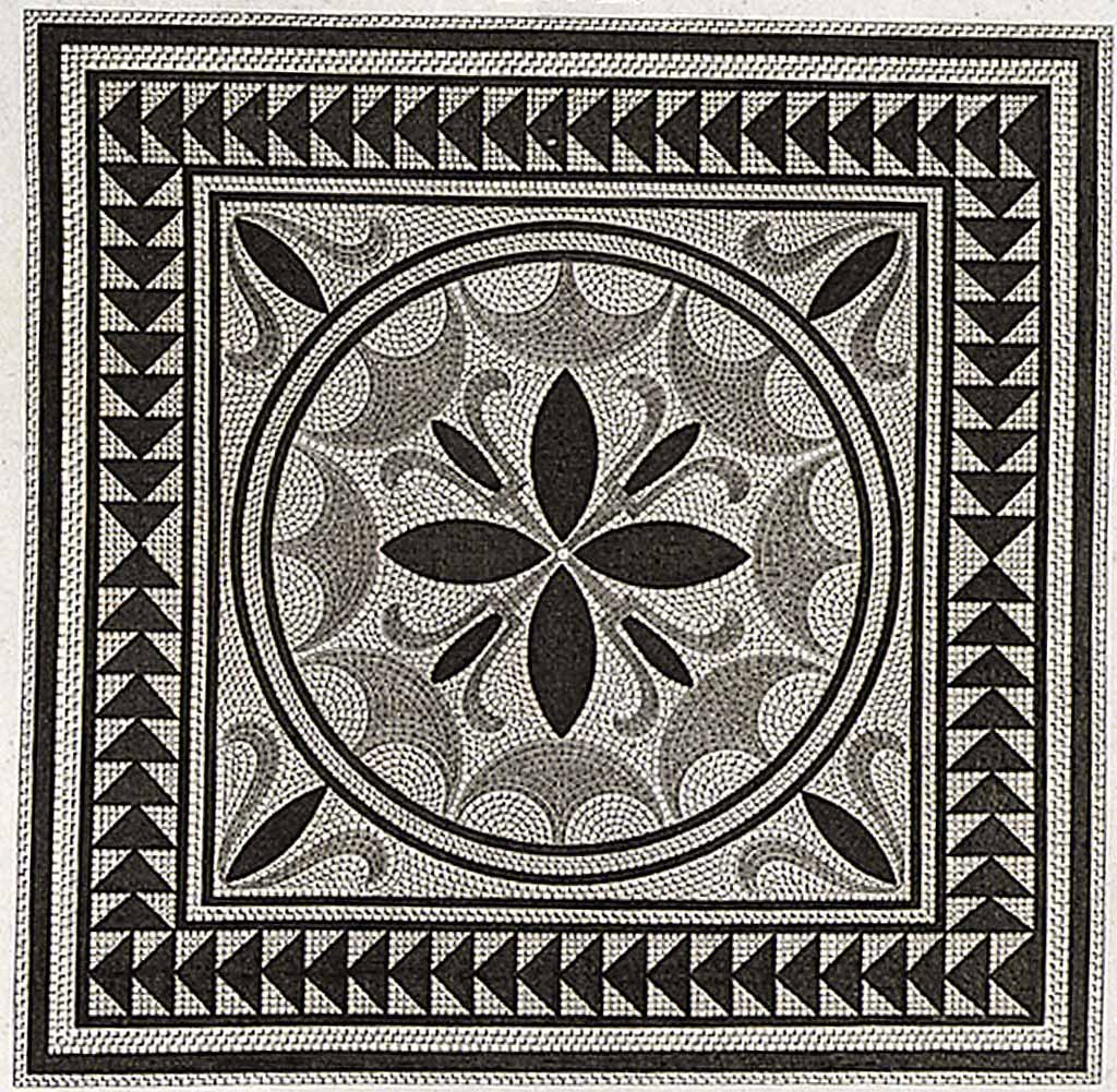 VI.2.16 or VI.2.17 Pompeii. 1824 engraving of mosaic emblema by Mazois.
According to Mazois –
this engraving represents a mosaic found in the triclinium of a house shown in Pl. XXI and XXII. (p.61).
Plates XXI and XXII are showing the Houses at VIII.2.1/3, known as the Houses of Championnet.
See Mazois, F., 1824. Les Ruines de Pompei : Second Partie. Paris: Firmin Didot, p.61, pl. XX fig II.
According to Mazois on page 69, Pl.XXIV, which is the plan of houses at VI.2.16 and VI.2.22, he states that the mosaic found in the triclinium (room 24) was the mosaic found in this area which has already been given (seen) in Pl. XX.
See Mazois, F., 1824. Les Ruines de Pompei : Second Partie. Paris: Firmin Didot, p.69, pl.XXIV.
According to PPM –
VI.2.16 Tablinum. A small amount remains of the flooring in cocciopesto punctuated by white tesserae. 
At the centre of this room, according to Mazois, there was an emblema with a four-petalled rosette associated with four lotus buds. 
See Carratelli, G. P., 1990-2003. Pompei: Pitture e Mosaici. IV. Roma: Istituto della enciclopedia italiana, p. 209.


