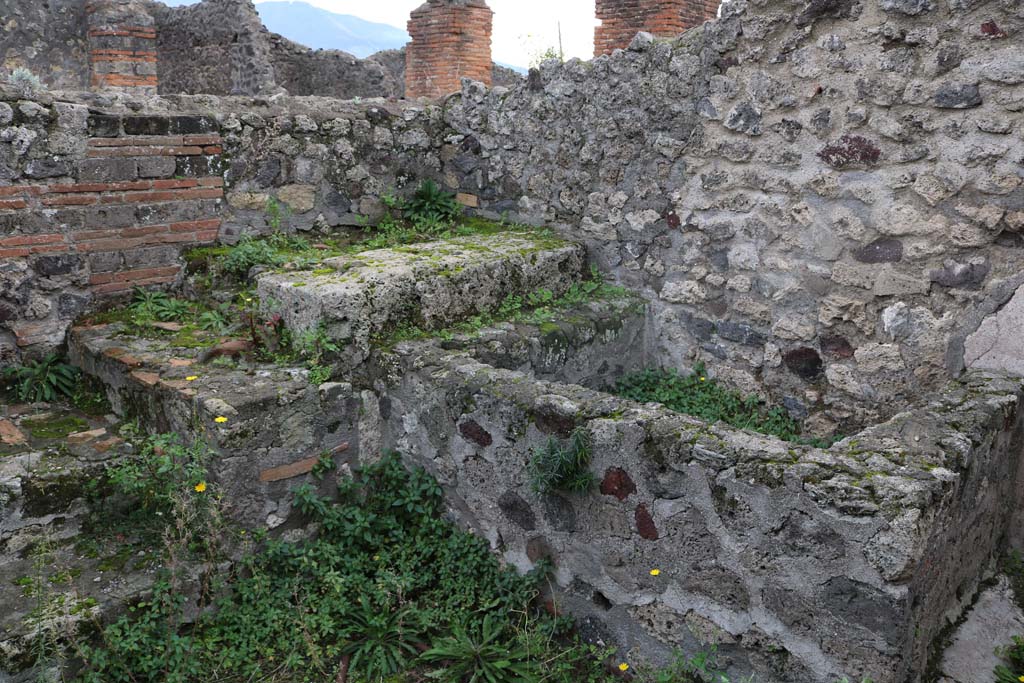 VI.3.3 Pompeii. December 2018. Room 8, south-west corner, with steps at side of water trough or basin. Photo courtesy of Aude Durand.