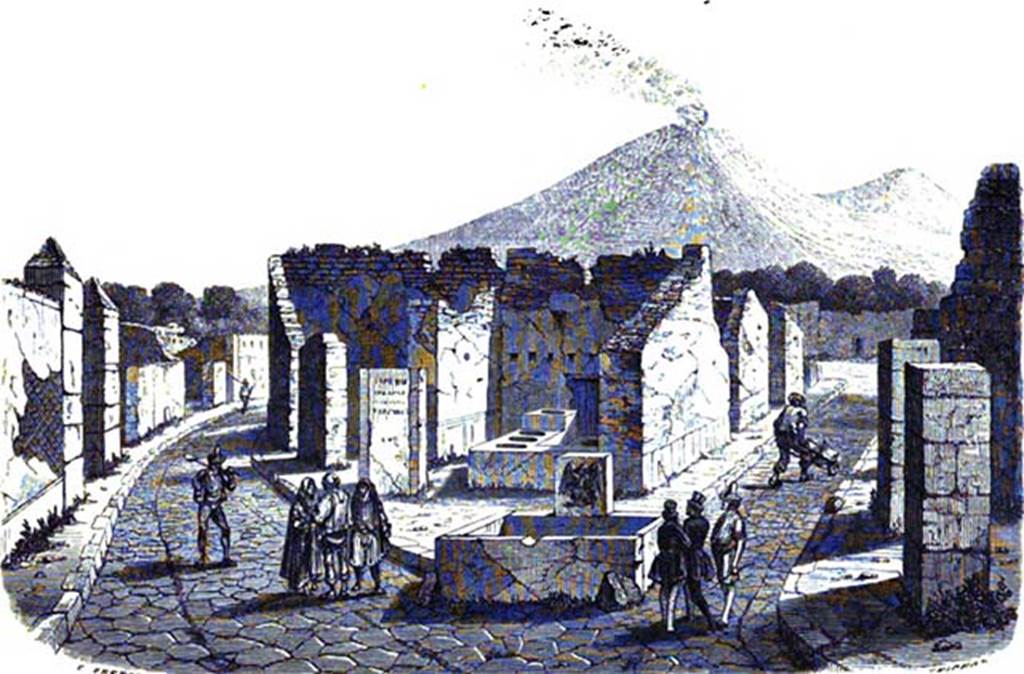 VI.3.20 Pompeii. Painting by Breton c.1855, showing electoral recommendation on the left of the doorway.
On the left is Via Consolare, on the right is Vicolo di Modesto.
See Breton, Ernest. 1855. Pompeia, decrite et dessine: Seconde édition. Paris, Baudry, pl. 1.
