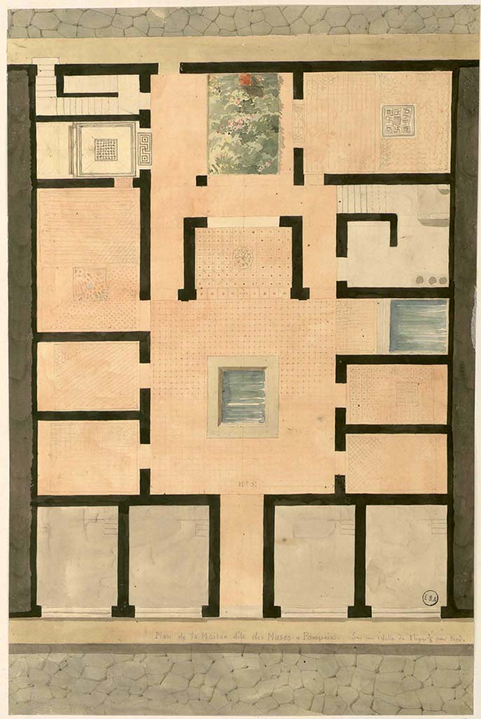 VI.3.26 Pompeii. Plan of House, with rear entrance doorway to stairs, in upper left. 
The main entrance doorway at VI.3.7 is in the lower centre.
See Lesueur, Jean-Baptiste Ciceron. Voyage en Italie de Jean-Baptiste Ciceron Lesueur (1794-1883), pl. 4.
See Book on INHA reference INHA NUM PC 15469 (04)  « Licence Ouverte / Open Licence » Etalab
