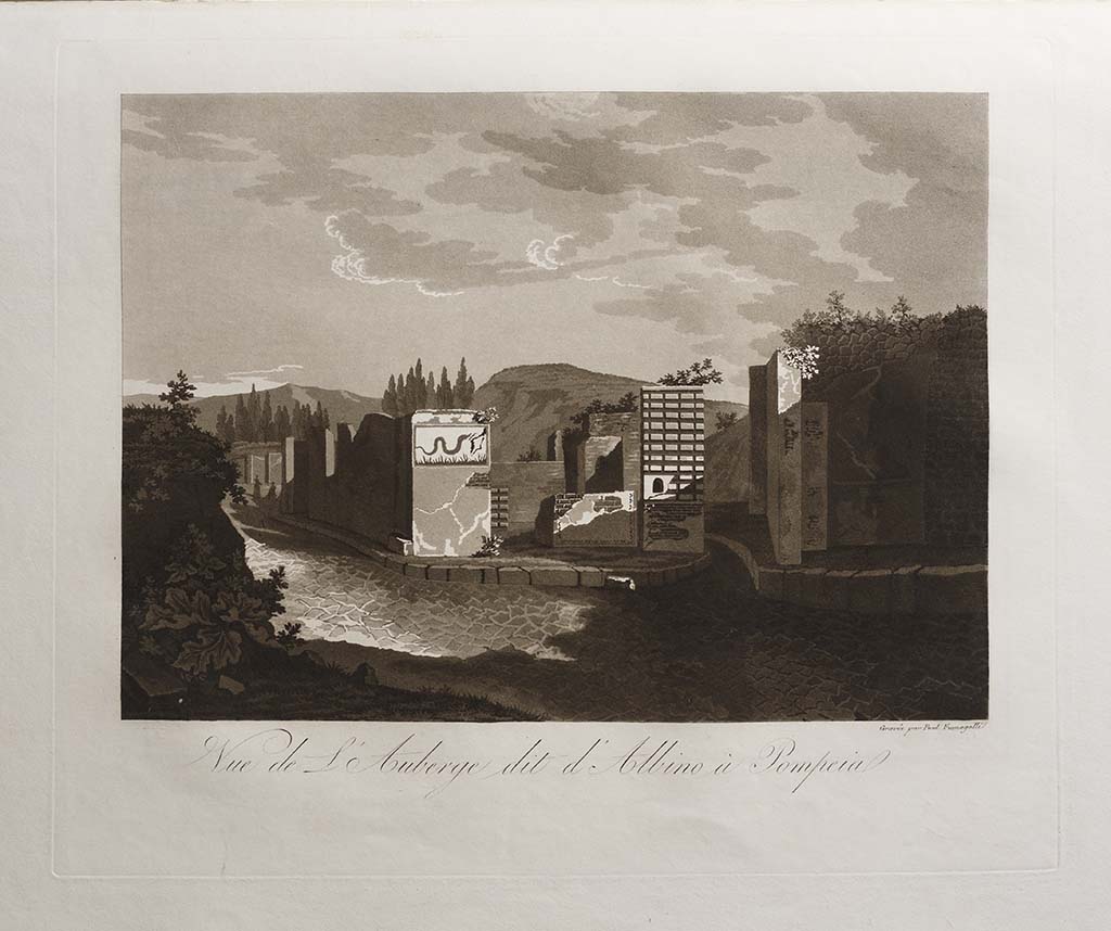 VI.4.1 Pompeii. 1822-4 painting by Paolo Fumagalli showing façade, street shrine and snake painting.
The snake painting is reversed from that of Mazois and Gell. 
The painting has the title “Vue de l'Auberge dit d'Albino à Pompeia”.
The narrative in his book though describes clearly the hospitium of Albinus at VI.17.1.
See Fumagalli P. Pompeia, trattato pittorico, storico, e geometrico, opera disegnata negli anni 1824 al 1830, Firenze: Fumagalli, p. 37 and unnumbered picture.
Photo courtesy Thorvaldsensmuseum Copenhagen. Inventory number E550,50. 
See photo on museum web site  CC0 dedicated to Public Domain
