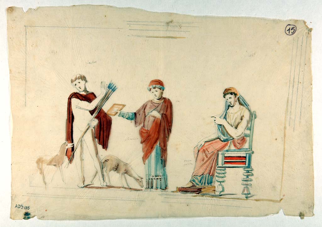 VI.5.1 and VI.5.2 Pompeii. Painting made by Giuseppe Marsigli, in pencil/crayon/chalk with watercolours, showing Phaedra, Hippolytus and the nurse. 
Now in Naples Archaeological Museum. Inventory number ADS 135.
Photo © ICCD. http://www.catalogo.beniculturali.it
Utilizzabili alle condizioni della licenza Attribuzione - Non commerciale - Condividi allo stesso modo 2.5 Italia (CC BY-NC-SA 2.5 IT)
This painting was also listed as destroyed by Helbig, See Helbig 1246, but is now in the British Museum.
See Carratelli, G. P., 2003. Pompei: La documentazione nell'Opera di disegnatori e pittori dei secoli XVIII e XIX. Roma: Istituto della enciclopedia italiana, p. 227-8 no. 124.
The British Museum web site describes a painting which corresponds in its description but is without a photo as yet. BM Registration number 1857,0415.4.
Sir William Temple, British minister in Naples, bequeathed a major collection to the Museum in 1856 of which it was a part.
