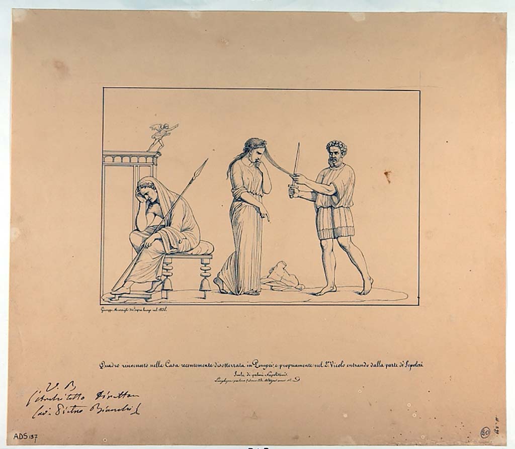 VI.5.1 and VI.5.2 Pompeii. Pen and ink drawing by Giuseppe Marsigli, 1835, of the painting showing sacrifice of Iphigenia. 
Now in Naples Archaeological Museum. Inventory number ADS 137.
Photo © ICCD. http://www.catalogo.beniculturali.it
Utilizzabili alle condizioni della licenza Attribuzione - Non commerciale - Condividi allo stesso modo 2.5 Italia (CC BY-NC-SA 2.5 IT)
Helbig describes the painting as:
“In the middle stands Iphigenia, laurel-wreathed, in green chiton with a purple margin, with her left hand raised to the mouth, it seems resigned in her fate, in front of her the bearded, laurel wreathed Calchas in red chiton with blue lining, in act of starting the sacrifice, cutting off a lock of the maiden’s hair with the sword.
Behind Iphigenia sits Agamemnon on a chair, bent forward, sunk in deep sorrow, beardless, wrapped in a cloak drawn over the back of the head, in the left hand a spear, supporting the head with the right hand. Next to him is a temple-like building, on which stands a winged statue with flying chlamys.”
See Helbig, W., 1868. Wandgemälde der vom Vesuv verschütteten Städte Campaniens. Leipzig: Breitkopf und Härtel, 1305.
