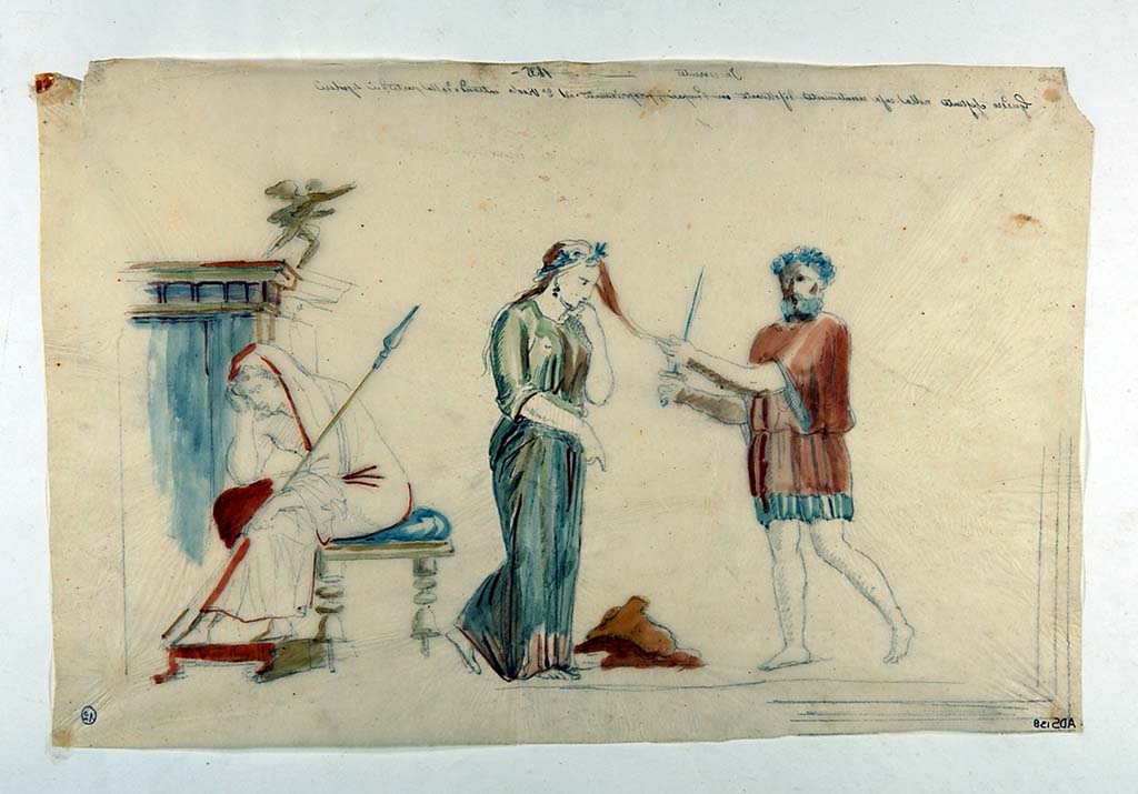VI.5.1 and VI.5.2 Pompeii. Painting made by Giuseppe Marsigli in pencil/crayon/chalk with watercolours, showing sacrifice of Iphigenia. 
This painting is shown reversed from that on the ICCD site and we show it as it is in Disegnatori which has the note “montata a rovescio” (mounted backward) and with the writing “sul rovescio del foglio” (on the reverse of the sheet). ADS 137 and ADS 138 are both dated 1935 and described as a house recently uncovered “propriamente nel secondo Vicolo entrando dalla parte dei Sepolcri”. They would therefore indicate the same house and the same painting.
See Carratelli, G. P., 2003. Pompei: La documentazione nell'Opera di disegnatori e pittori dei secoli XVIII e XIX. Roma: Istituto della enciclopedia italiana, p. 227 no. 126.
Now in Naples Archaeological Museum. Inventory number ADS 138.
Photo © ICCD. http://www.catalogo.beniculturali.it
Utilizzabili alle condizioni della licenza Attribuzione - Non commerciale - Condividi allo stesso modo 2.5 Italia (CC BY-NC-SA 2.5 IT)
The original painting is also now in the Naples Archaeological Museum.
