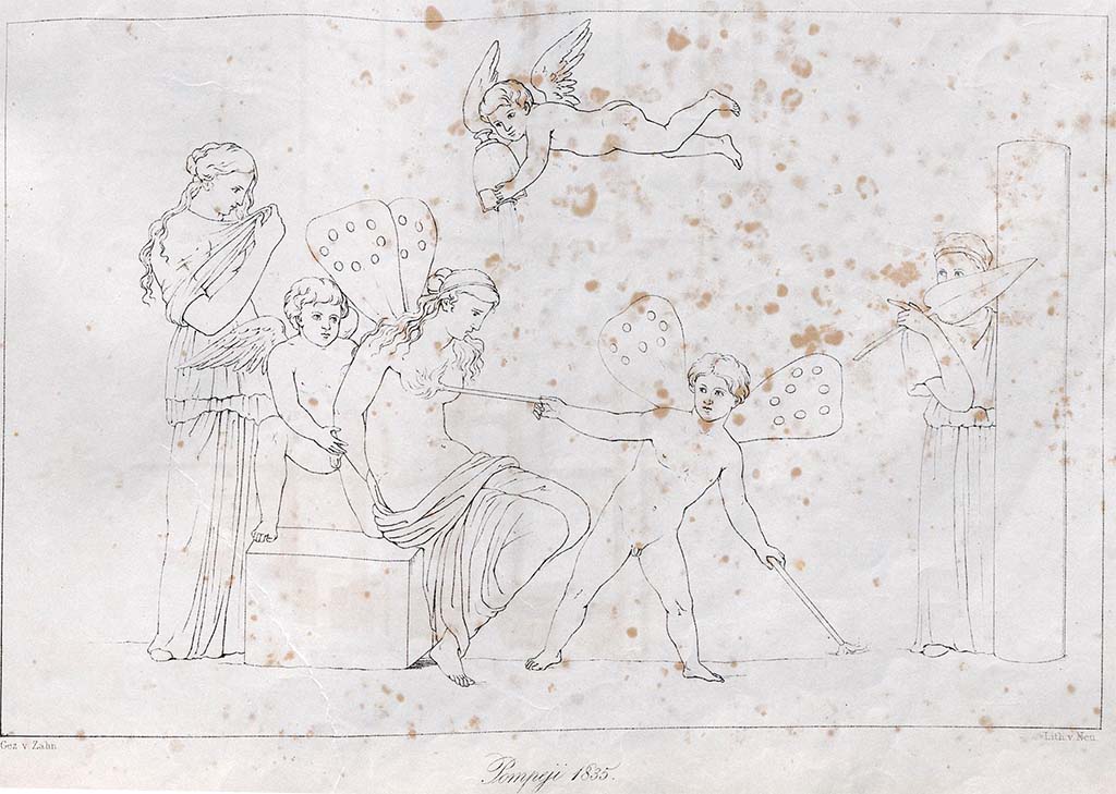 VI.5.1 and VI.5.2 Pompeii. July 1835. Drawing by Zahn of the torment of Psyche.
According to Zahn, all three of these paintings were found on the walls of the same room, with a black background.
See Zahn, W., 1842-44. Die schönsten Ornamente und merkwürdigsten Gemälde aus Pompeji, Herkulanum und Stabiae: II. Berlin: Reimer, taf. 62.
