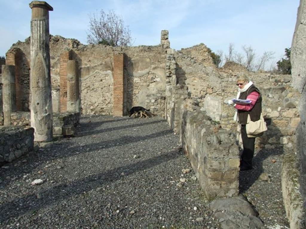 VI.5.10 Pompeii. December 2007. Looking north along east portico of the peristyle with doorway to room 2, on the right.