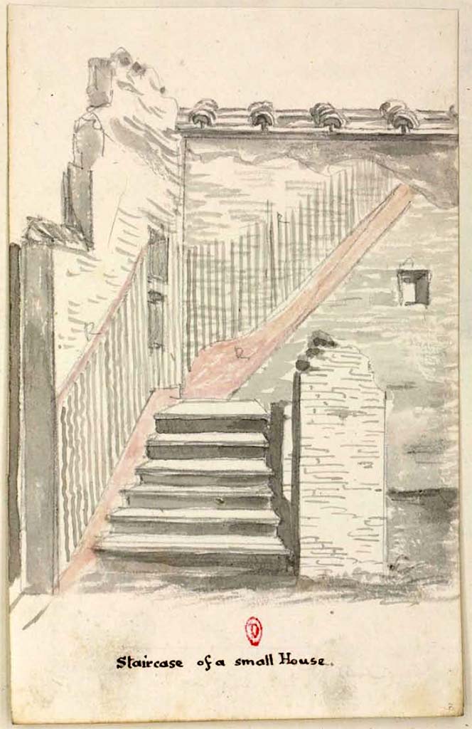 VI.5.11 Pompeii. Between 1819 and 1832. Sketch by W. Gell showing a “Staircase of a small house”. 
This may or may not be the correct location, but if so, it would show the stairs in the north-west corner of the kitchen area, before a wall collapsed and was re-built differently, (see above).
See Gell, W. Pompeii unpublished [Dessins de l'édition de 1832 donnant le résultat des fouilles post 1819 (?)] vol II, pl. 77.
Bibliothèque de l'Institut National d'Histoire de l'Art, collections Jacques Doucet, Identifiant numérique Num MS180 (2).
See book in INHA Use Etalab Licence Ouverte
