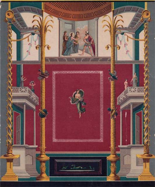 VI.5.13 Pompeii. Late 19th century painting of atrium wall, centre part.
In the upper centre panel is the painting of Ulysses threatening Circe.
