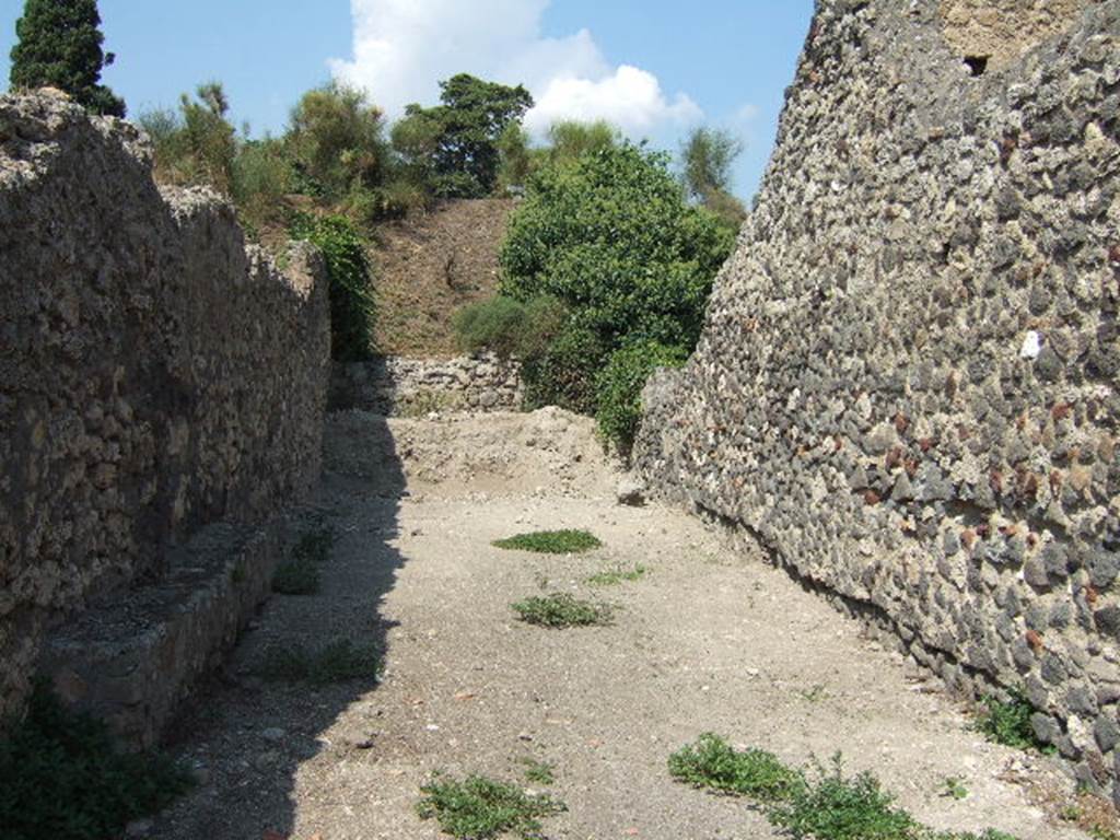 VI.5.22 Pompeii. September 2005. Vicolo della Fullonica looking north to city walls. VI.7