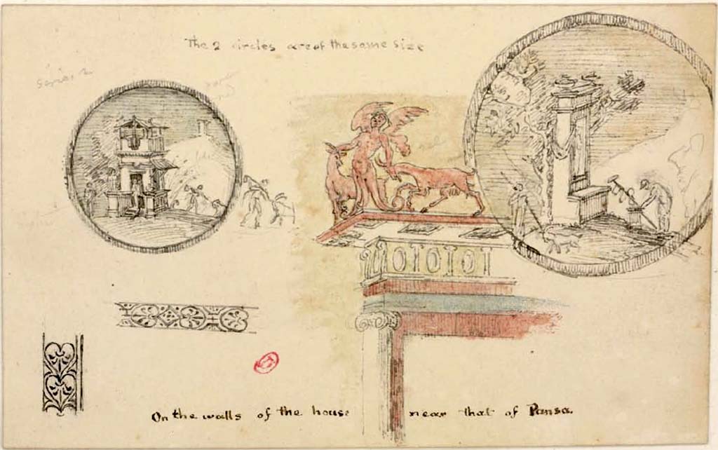 Note : these were not seen/found in the House of Pansa, but as their location was not made clear, we have entered them here, rather than not use them.
They are described as found on the walls of the house, near that of Pansa, Pompeii. c.1820. Drawings of details of decorative medallions, etc.
See Gell, W. Pompeii unpublished [Dessins de l'édition de 1832 donnant le résultat des fouilles post 1819 (?)] vol II, pl. 75.
Bibliothèque de l'Institut National d'Histoire de l'Art, collections Jacques Doucet, Identifiant numérique Num MS180 (2).
See book in INHA Use Etalab Licence Ouverte
See Dessales, H. (2019). Recueils de William Gell – Pompei, publiée et inédite, 1801-1829. Paris : Hermann, p.329, pl.75, and p.412.
