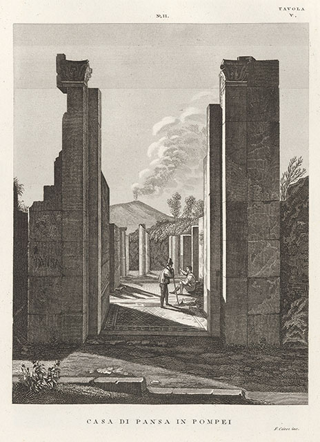 VI.6.1 Pompeii. 19th C. painting by G Gigante of entrance doorway on Via delle Terme.
The painting depicts inscriptions on the front of the house including the word PANSA. We do not know the accuracy of these.
According to Pagano and Prisciandaro, found in August 1814 painted in red near the principal entrance and to the right of an annexed shop, were the following –

Suettium aed(ilem) d(ignum) r(ei) p(ublicae)
Olius Primus
rog(at)    [CIL IV 250]

Pansam aed(ilem) Paratus rog(at)    [CIL IV 251]

See Pagano, M. and Prisciandaro, R., 2006. Studio sulle provenienze degli oggetti rinvenuti negli scavi borbonici del regno di Napoli. Naples : Nicola Longobardi. 
(p.111, PAH I, 3,156, 57, add.274, dated 11th August 1814).
