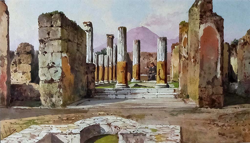 VI.6.1 Pompeii. Album by M. Amodio, c.1880, entitled “Pompei, destroyed on 23 November 79, discovered in 1748”.
Looking north across impluvium in atrium to peristyle. Photo courtesy of Rick Bauer.
