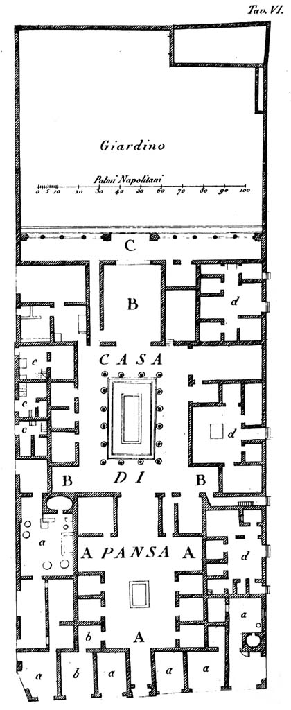 VI.6.7 Pompeii. c.1836. Plan of House of Pansa, VI.6.1 main entrance in lower centre.
The entrance doorway to this part of the house (marked "d") is shown as the second and third entrance from the lower right corner, on the east side of the insula.
See De Jorio, A., 1836. Guida di Pompei. Napoli: Fibrena, tav.VI.
