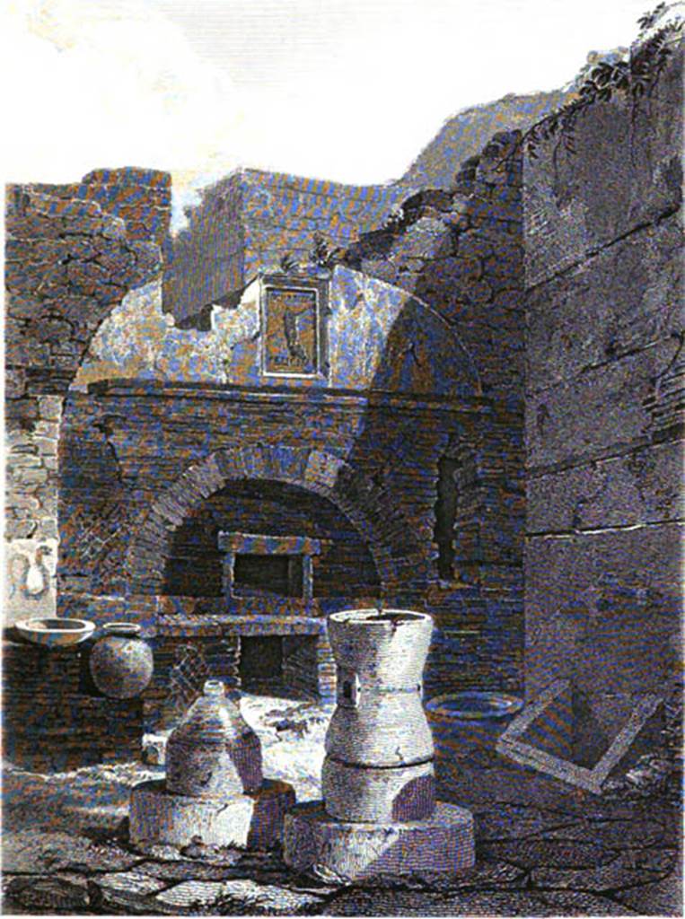 VI.6.17 Pompeii but shown as VI.6.1 on photo. 1937-39. Looking north to front of oven. Photo courtesy of American Academy in Rome, Photographic Archive. 
Warsher collection no. 973

