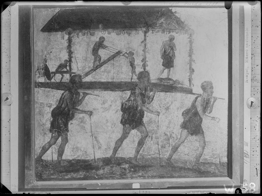 VI.7.8 Pompeii.  Wall painting of the Procession of the Carpenters.   Originally found on pilaster between entrances VI.7.8 and VI.7.9.  Old undated photograph courtesy of the Society of Antiquaries, Fox Collection.

