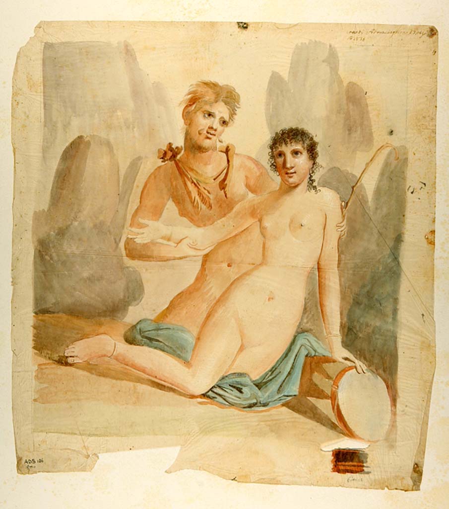 VI.7.18 Pompeii. Pen and ink drawing by Antonio Ala, 1844, showing a wall of oecus/cubiculum with central painting of Satyr and Maenad.
Although this drawing is described as being the south wall, the central painting of this Satyr and Maenad would appear to be the one, as described by Helbig (548), as being from another wall of the same room.
Now in Naples Archaeological Museum. Inventory number ADS 178.
Photo © ICCD. http://www.catalogo.beniculturali.it
Utilizzabili alle condizioni della licenza Attribuzione - Non commerciale - Condividi allo stesso modo 2.5 Italia (CC BY-NC-SA 2.5 IT)
