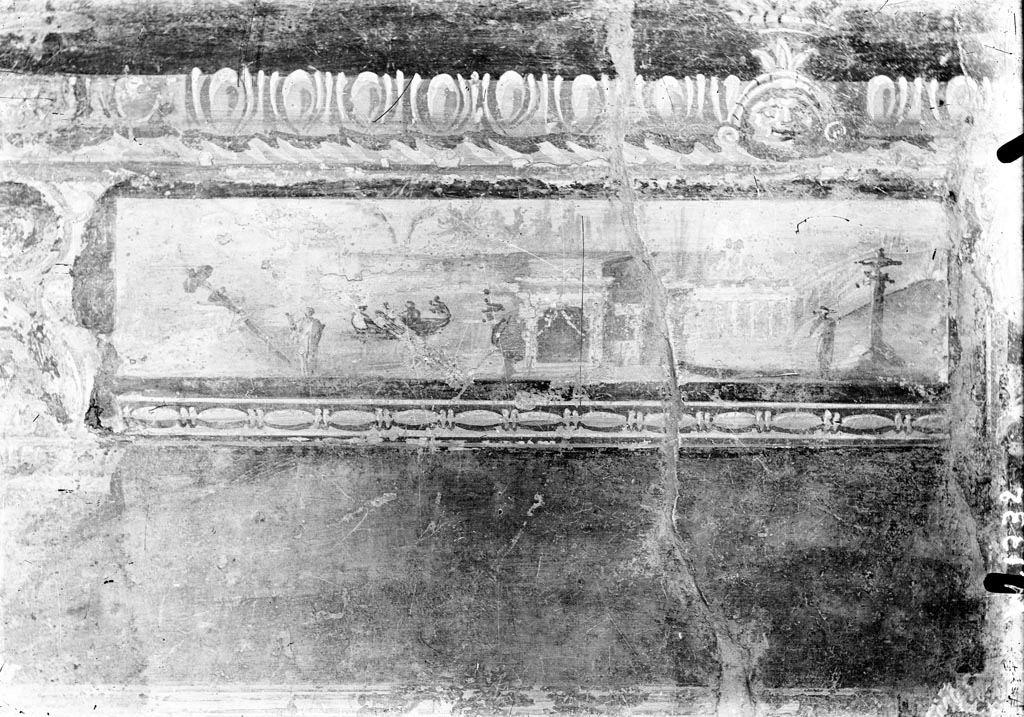 VI.7.18 Pompeii. Pre-October 1852. 
Drawing by Zahn found on a black background in a panel of the predella above the zoccolo below the central painting of the east wall.
(Either the anonymous painting above or this one, would seem to have been reversed).
See Zahn, W., 1842-44. Die schönsten Ornamente und merkwürdigsten Gemälde aus Pompeji, Herkulanum und Stabiae: II. Berlin: Reimer, taf. 45.

