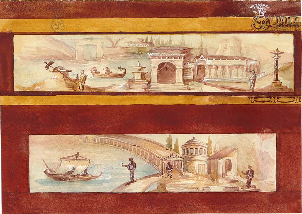 VI.7.18 Pompeii. Painting made by an anonymous painter on 17th August 1828 showing detail from predella of the central part of the east wall.
Now in Naples Archaeological Museum. Inventory number ADS 208.
According to the ICCD scheda: The painting is made on two sheets of glued tissue paper. 
The tissue paper is currently mounted upside down on the backing cardboard. Consequently we have reversed the photo here.
Photo © ICCD. https://www.catalogo.beniculturali.it
Utilizzabili alle condizioni della licenza Attribuzione - Non commerciale - Condividi allo stesso modo 2.5 Italia (CC BY-NC-SA 2.5 IT)

